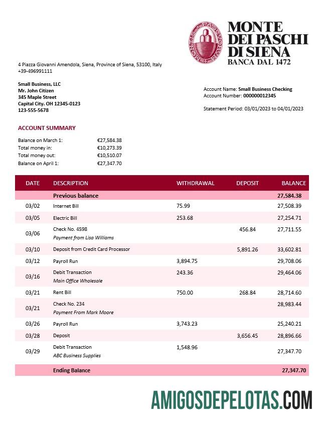 Na empresa Monte Dei Paschi Di Siena Extrato de conta firme modelo Word e PDF
